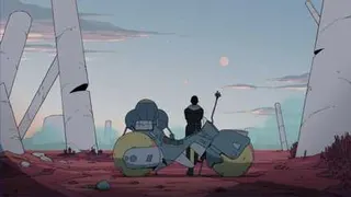 A solitary figure stands in front of a futuristic bike in an alien forest holding a staff while looking at a clear sky in Scavengers Reign.