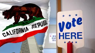 California flag and voting location side by side