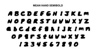 Full character specimen for Mean Hand SemiBold. Sturdy letterforms with smooth, slightly irregular outlines. Counters are open and glyphs are fully legible.