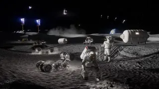 一張電腦產生的影像，顯示了太空人及其在月球表面的設備。