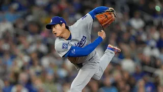 Shohei Ohtani pitching for the Los Angeles Dodgers at Rogers Centre in Toronto