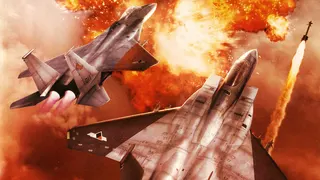 Ace Combat Zero art of two planes flying above a fiery explosion
