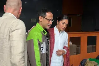Gojek founder Nadiem Makarim and his wife Franka Makarim at his plea hearing in Central Jakarta District Court on Jun 2.