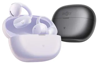 The Shokz OpenDots Air earbuds and their charging cases in two color options.