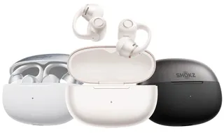 The Shokz OpenDots 2 earbuds and their charging cases in three color options.