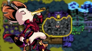 Mina the Hollower's world map blurred out with artwork of Mina drinking a healing tonic from a test tube like vessel overlaid on top