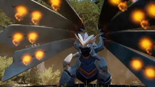 A gray and blue armored creature with orange accents crouches in an outdoor environment, with its large, metallic, wing-like appendages, each featuring multiple glowing orange projectiles, spread behind it.
