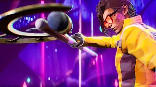Charlie Disco, from Dead is Disco, poses heroically after catching the staff of his foe.