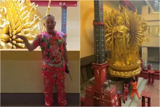 胡漢龑協助苗栗縣造橋天賜佛院吊掛一尊重達11.4噸的千手千眼觀世音菩薩。（圖／翻攝自啟德機械起重工程-股公司臉書）