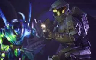 Master Chief is flanked by an enemy in a screenshot from Halo Campaign Evolved