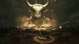 Two characters stand before an enormous Minotaur statue. It's a screenshot from Resonance: A Plague Tale Legacy.