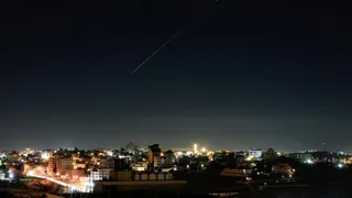 An Israeli air-defence missile flies in the sky over Israel, as seen from Hebron, in the Israeli-occupied West Bank, June 7, 2026.