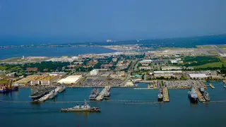An aerial view of Naval Station Norfolk and surrounding waterways in Virginia.