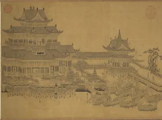 元王振鵬所繪的「寶津競渡」以纖細線條勾勒龍舟競渡的盛況，除了華麗的龍舟，他也生動...