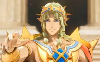 An image from Fire Emblem Fortune's Weave. It shows the Divine Sovereign in regalia and raising a hand.