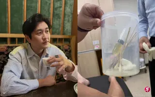 黄靖论6月9日在社媒公开抽取膝盖积水的照片。 （取自黄靖论IG）