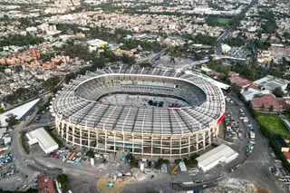 This aerial view shows the Banorte stadium (formerly known as Azteca), which is undergoing renovations to host the opening ceremony of the upcoming FIFA World Cup, in Mexico City on February 26, 2026.