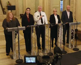 Northern Ireland’s justice minister Naomi Long, far left, with the deputy first minister Emma Little-Pengelly, PSNI chief Constable Jon Boutcher, First Minister Michelle O'Neill and chair of the policing board Brenda Mullan a press conference at Stormont in Belfast