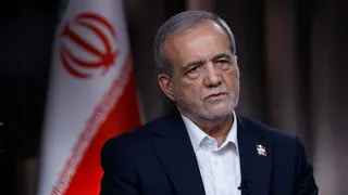 Iranian President Masoud Pezeshkian speaking during an interview with Martha MacCallum in New York City