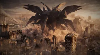 A strange winged monster appears over a city.