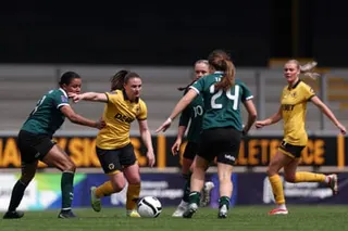 Amber Hughes of Wolves on the ball in May’s National League Premier Division playoff against Plymouth