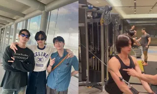 Force（左起）、Dunk與Book昨（11日）抵台就到健身房報到，打造男神身材一日不可鬆懈。（翻攝GMMTV Threads、Book IG）