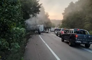 An ISO tank lorry carrying nearly 25 tonnes of hydrochloric acid overturned near Cherating Bridge in Pahang, prompting a Hazmat operation to contain the leak. — Social media pic