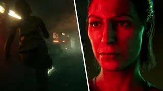 Split image showing Ro Laren running down a corridor (left) and her face illuminated by a red glow (right)