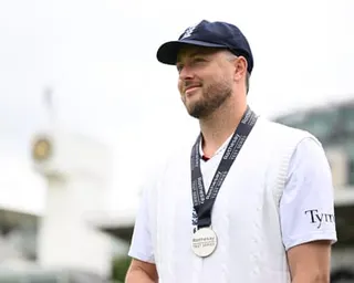 Player of the match Ollie Robinson pictured after England won the 1st Rothesay Test Match against New Zealand at Lord's Cricket Ground .