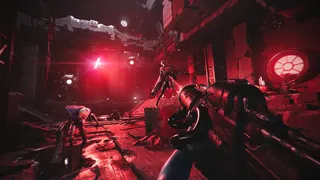 A first-person perspective of someone shooting a strange gun at a scary humanoid creature in a brutalist room in Luna Abyss.