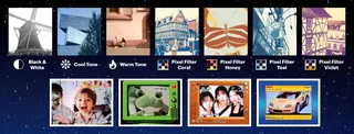 Several samples of the filters and frames that can be applied to photos taken with the Kodak Charmera Millennium Edition camera.