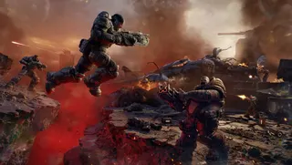 Marcus Fenix jumps at a Locust.