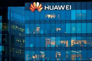 A view shows a Huawei logo at Huawei Technologies France headquarters in Boulogne-Billancourt near Paris, France