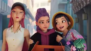 A screenshot from KPop Demon Hunters. It shows Mira, Rumi and Zoey (in that order) standing side by side in disguise. Zoey has her arms around Rumi's shoulders.