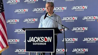 Republican gubernatorial candidate Rick Jackson speaking to supporters at a campaign stop in Alpharetta, Georgia