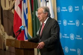 联合国秘书长安东尼奥·古特雷斯在纽约联合国安理会会议上发表讲话。