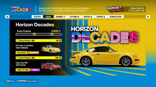 A Forza Horizon 6 screenshot showing the Horizon Decades series progress screen