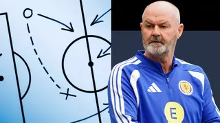 Split image showing Steve Clarke and a football tactics board