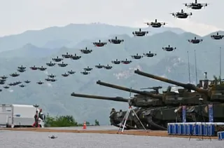 South Korean military drones fly in formation during a military drill in May 2023.