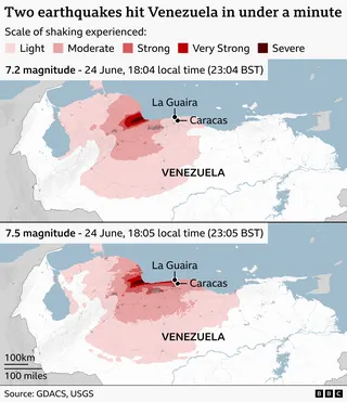 Two maps showing powerful earthquakes striking northern Venezuela less than a minute apart on 24 June. The first, magnitude 7.2 at 18:04 local time, produced strong to severe shaking concentrated inland near the coast, while the second, slightly larger magnitude 7.5 at 18:05, spread more intense shaking across a wider area particularly along the northern coast. The maps use a colour scale from light to severe to illustrate shaking intensity, highlighting heavily affected zones around La Guaira a