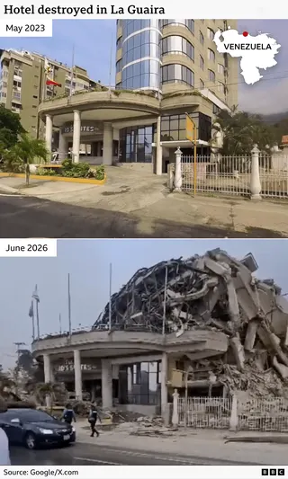 Before and after pictures of a hotel in La Guaira - from a functioning modern building in May 2023 to a heavily damaged, partially collapsed structure after the earthquake in June 2026