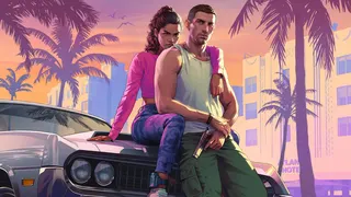 Cover art of the two protagonists in the game, Jason and Lucia, sitting against a car. Jason is in a white tank top and green trousers and is holding a gun. Lucia is behind him with an arm around his shoulder and wearing a pink top and grey trousers.