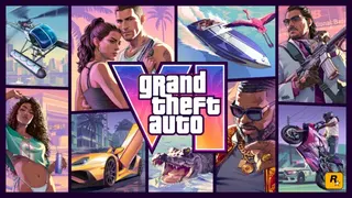 《GTA 6》的封面藝術展示了「Grand Theft Auto」字樣及以紫色與橙色呈現的羅馬數字「VI」。背景採用波普藝術風格，呈現遊戲角色，並在不同分格中出現一輛黃色汽車、一隻鱷魚、一隻火烈鳥以及一架直升機。