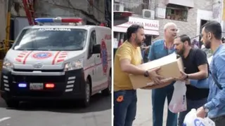 Split screen image of an ambulance on the left, four men on the right