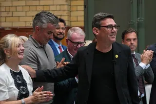 Andy Burnham meets Labour party members before delivering a speech at the People’s History Museum in Manchester, England, on Monday. Photo: AP