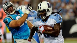Chris Johnson running with football against Carolina Panthers at Bank of America Stadium