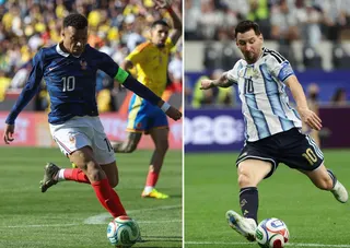This combination of file photos created on June 23, 2026, France's forward #10 Kylian Mbappe controls the ball on his attempt to score a goal that was not allowed for being offside, during a friendly football match between Colombia and France at Northwest Stadium in Landover, Maryland, on March 29, 2026 and Argentina's forward #10 Lionel Messi kicks the ball during the 2026 World Cup Group J football match between Argentina and Austria at the Dallas Stadium in Arlington on June 22, 2026. At the 