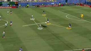 Screen grab from France vs Senegal illustrating Tchouameni dropping from midfield into the back three via a drawn arrow.