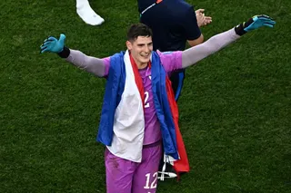 Paraguay's goalkeeper #12 Orlando Gill celebrates after winning the penalty shootout of the 2026 World Cup round of 32 football match between Germany and Paraguay at the Boston Stadium in Foxborough on June 29, 2026.