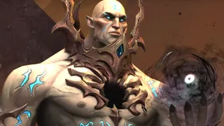 The Jailer from World of Warcraft: Shadowlands holds a super ominous ball of shadow energy in is mega-evil hand.